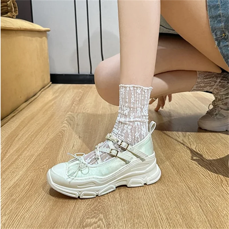 String Bead Butterfly-Knot Breathable Sneakers Lace-Up Thick Bottom Hand-made Shoes Casual Tenis De Mujer