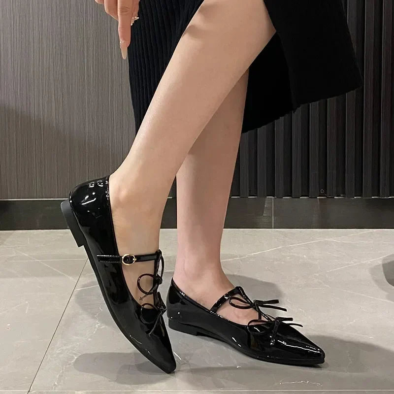 Pointed Toe Metal Buckle Bow T Strap Mary Jane Flats Elegant Banquet Dress Design Comfortable Single Shoes