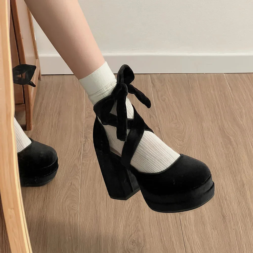 Pumps Double Platform Thick High Heels Velvet Ankle Strap Sweet Cute Pumps Lolita Pink Shoes