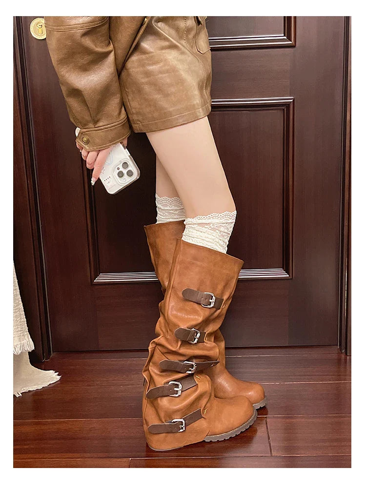 Knee-high Boots Shoes Woman Knight Boots Woman Buckle Chelsea Long Botas Pu Leather Motorcycle Shoes
