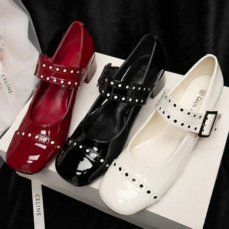 Sweet Patent Leather Buckle Strap Mary Jane Shoes Round Toe Dress Pumps Shoes Brand High Heels