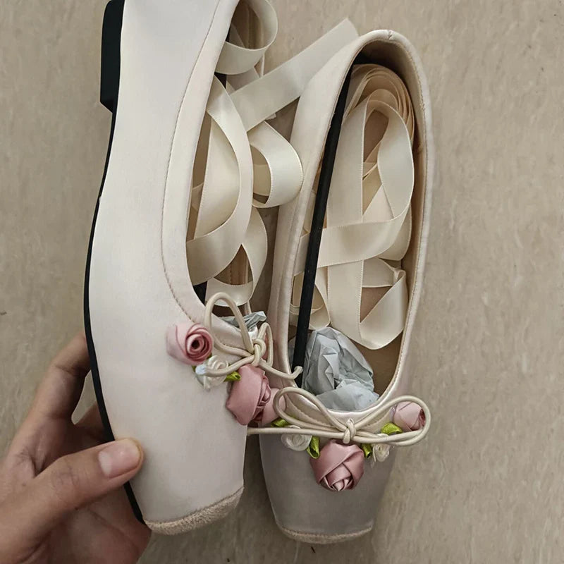 Square toe silk pink ballet shoes flower lace up chunky heel