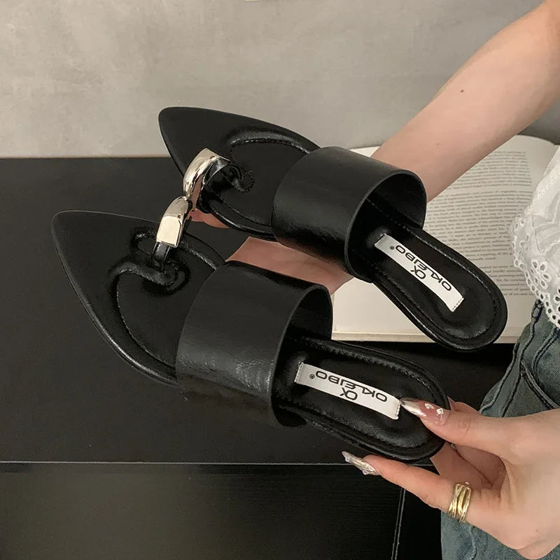 Metal Wedges Slippers Slides Sandals Flip flops Pointed Toe Heeled Slippers Wedges Shoes