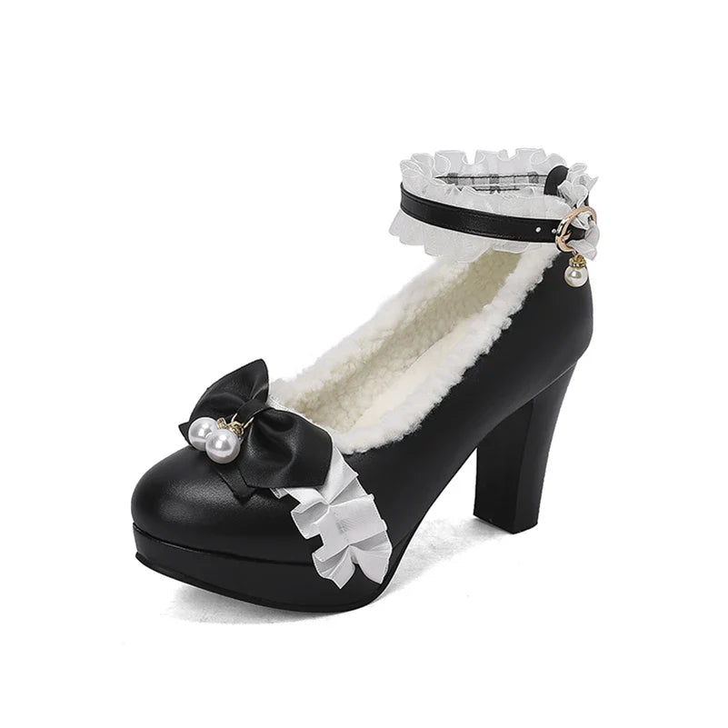 Ankle Strap Lolita Pumps Round Toe Thick High Heels Buckle Ruffles Bow Kawaii Cosplay Shoes Autumn