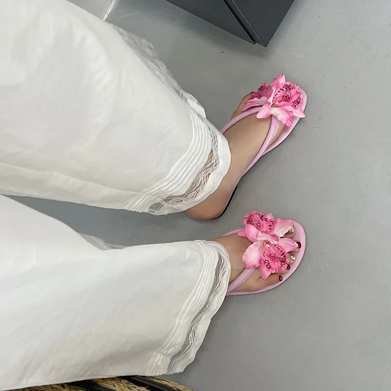 Pink Flower Flats Slippers Beach Round Toe Flip flops Flats Slippers Slides Sandals Shoes