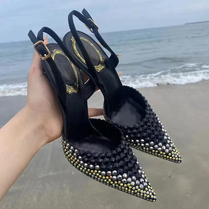 Rhinestones Gradient Slingbacks Bling Crystal Banquet Stiletto High Heels Party Prom Shoes
