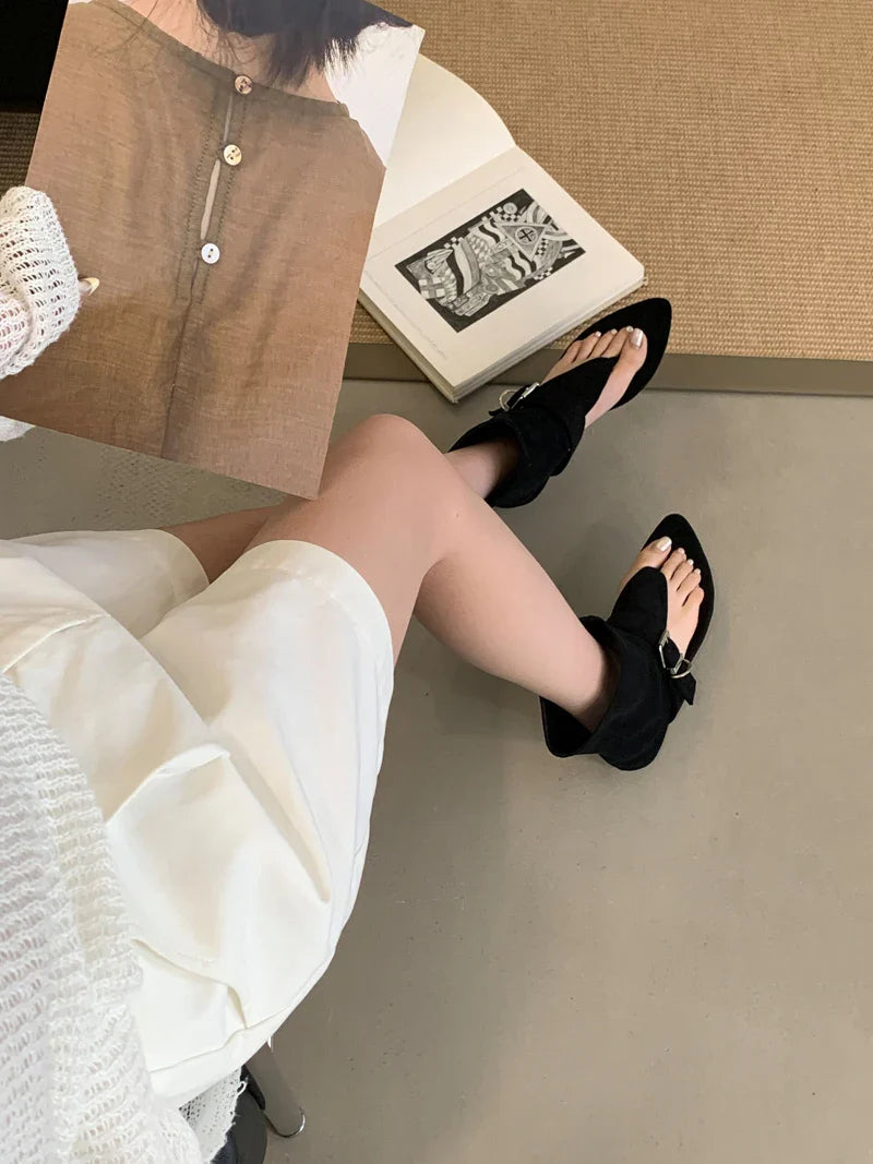 White Sandals Woman Thong Low Heels Ankle Boots Shoes Punk Black Sandals Brown Flip Flops Sandales Femmes 2025