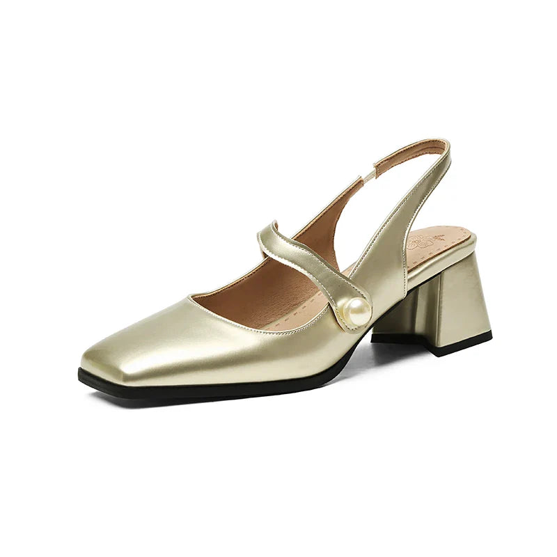 Slingback Sandals Square Toe Patent Leather Block High Heeled Mary Jane Shoes Gold Silver