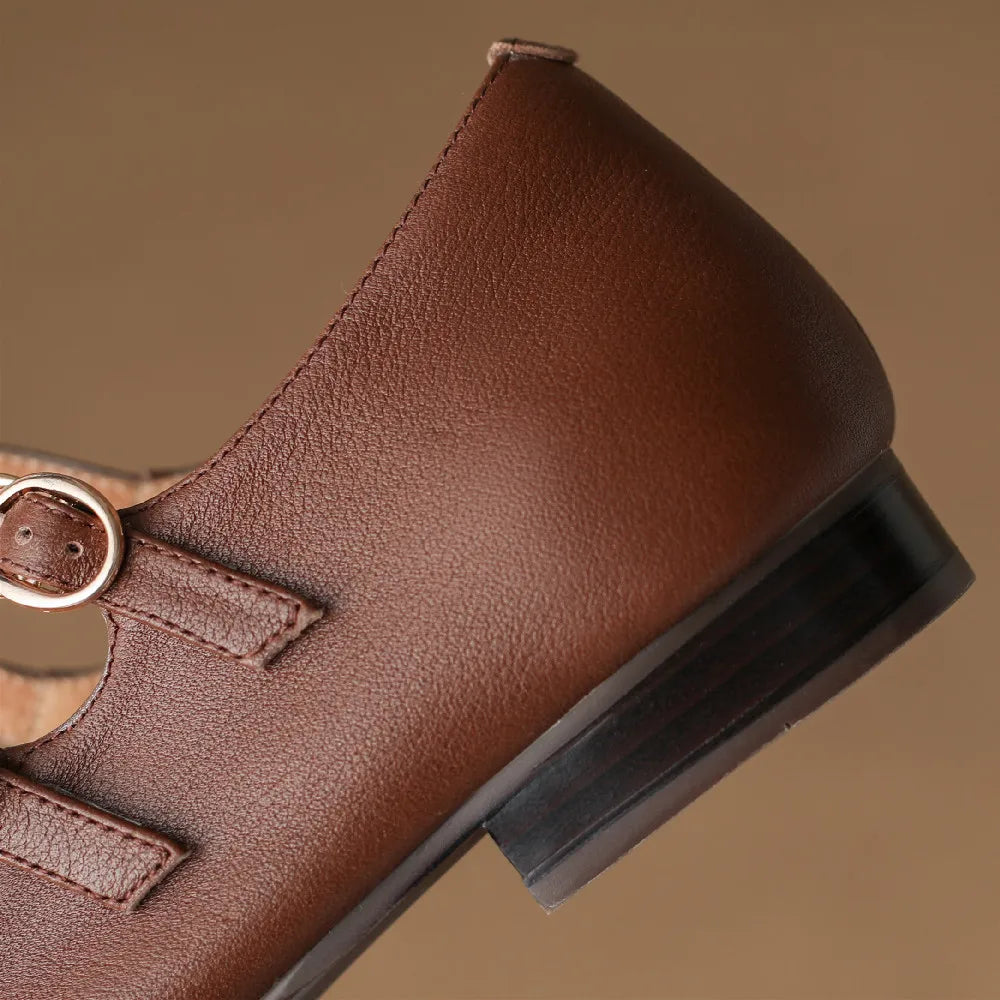 cow leather round toe double metal buckle round toe mary jane flats leisure soft comfortable ballerinas hot
