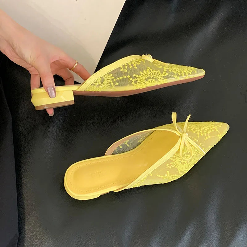 Butterfly-Knot Mesh Flats Slippers Mules Shoes Slides Pointed Toe Flats Sandals Shoes