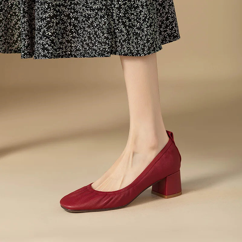 Oxford Shoes Vintage Pumps Mid Heels Square Toe Pumps Slip on Sewing High Heels Boat Shoes Elegant