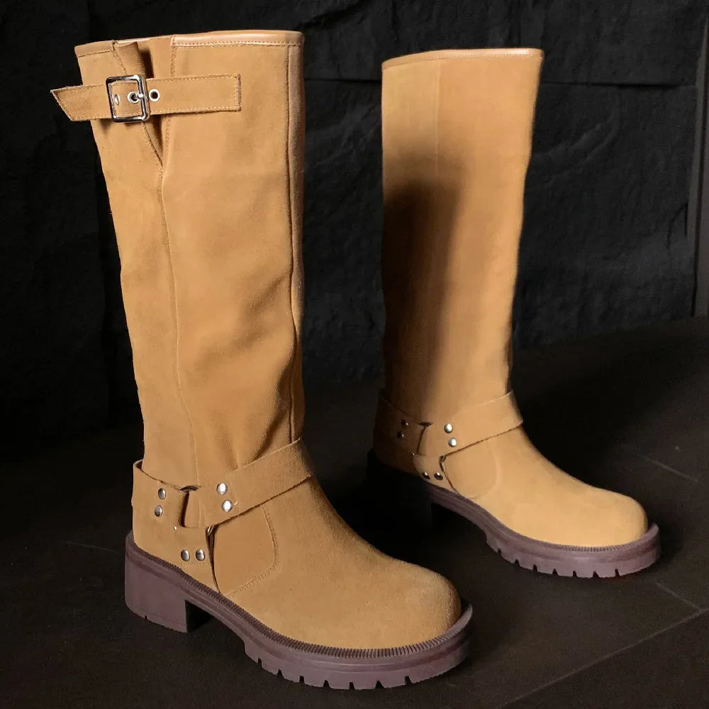 natural suede leather slip-on knee high boots thick sole platform flats long boots metal buckle punk shoes