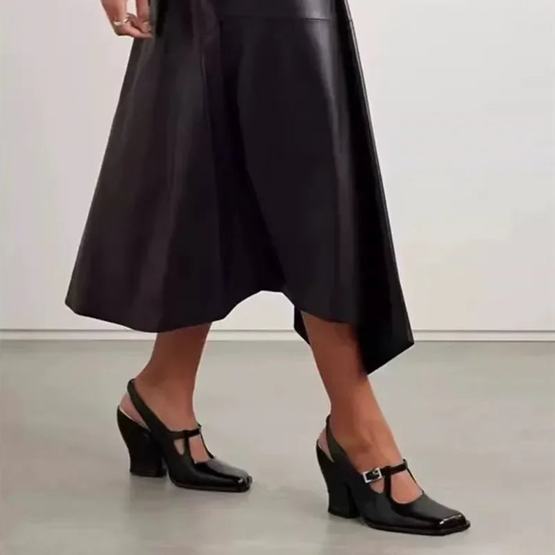 Black Patent Leather Mary Janes Slingbacks Wave Toe Chunky High Heels Office Lady Daily Shoes