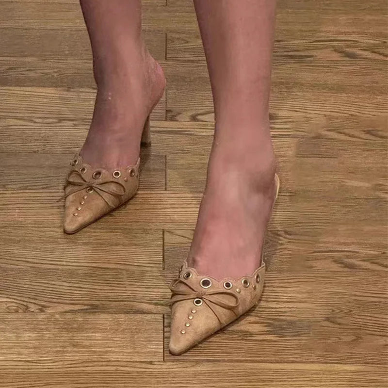 Suede Bow Cutout Pointed Toe Slippers Stiletto High Heels Metal Decorative Elegant Shallow Mules Shoes