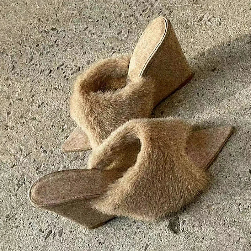 Plush Slippers French Pointed Open-toed Fluffy Slippers Home Outdoors Wedge Shoes Heels Highquality
