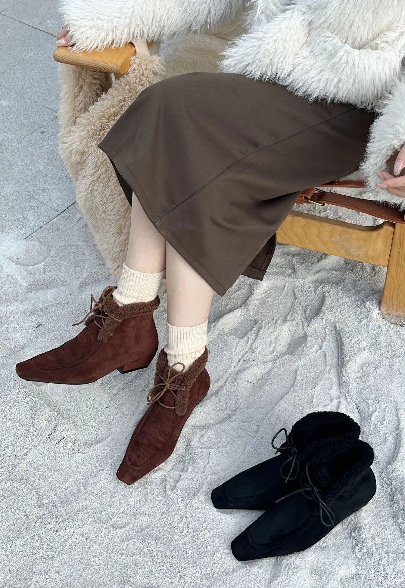 Lace Up Short Fluffy Warm Ankle Boots Comfort Square Toe Chunky Suede Short Boots Low Heels Party Shoes