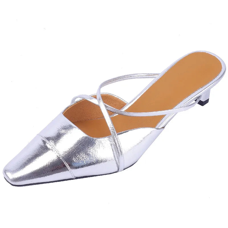Elegant Party Genuine Leather Thin Heels Mules Slippers Narrow Band Shoes Woman