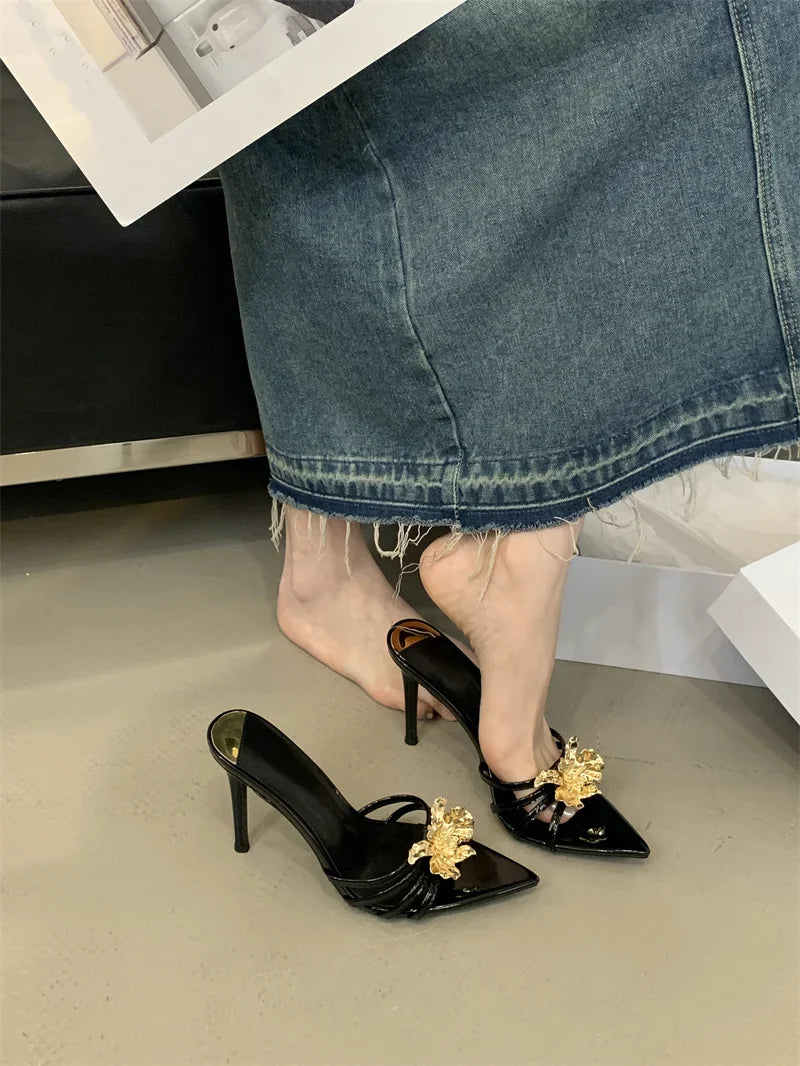 Pointed Toe White High Heels Party Slippers Metal Flowers Sandal Banquet Shoes Mules Slides