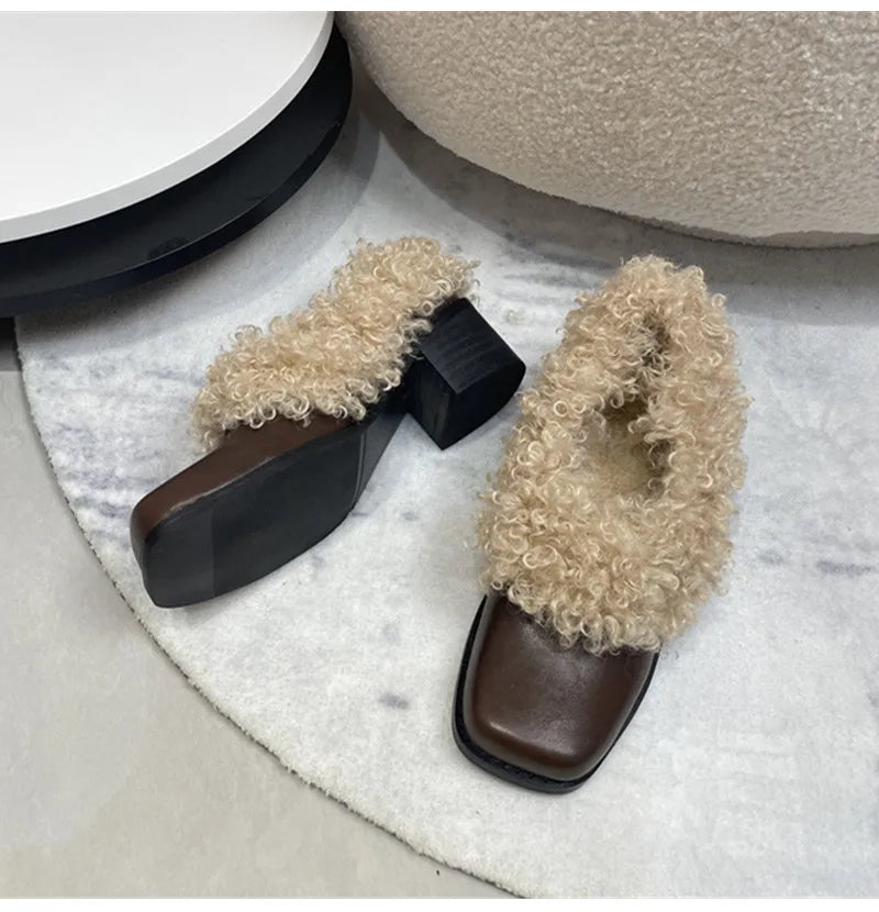 Ins style Square toe Patent Leather Wool Warm High heels Loafers Casual Girls Chunky Shoes