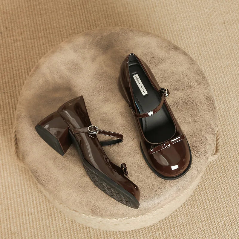Round toe bowtie mary janes pumps thick high heels lolita shoes ankle strap japanned leather talons femmes