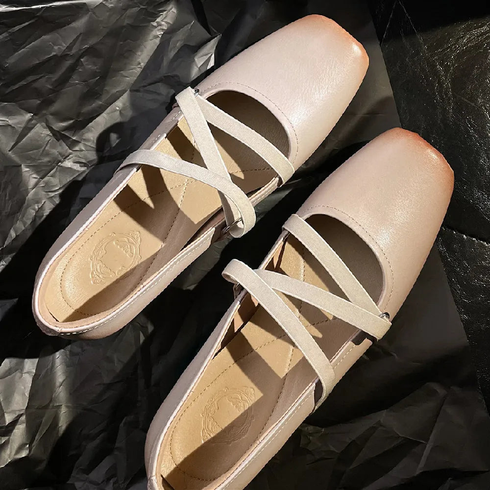 Womenn's genuine leather square toe elastic band slip-on ballet flats cross strap slim soft comfortable ballerians shoes