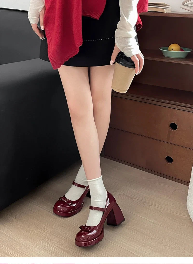 Thick Heel Mary Jane Shoes Outdoor Butterfly-knot Shoes Elegant Wedding Party Pumps