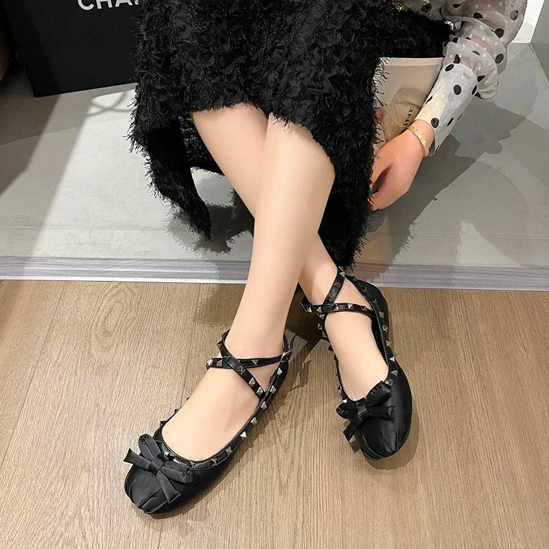 Shoes Rivets Causal Ballet Flats Bowknot Versatile Flat Shoes Ankle-strap