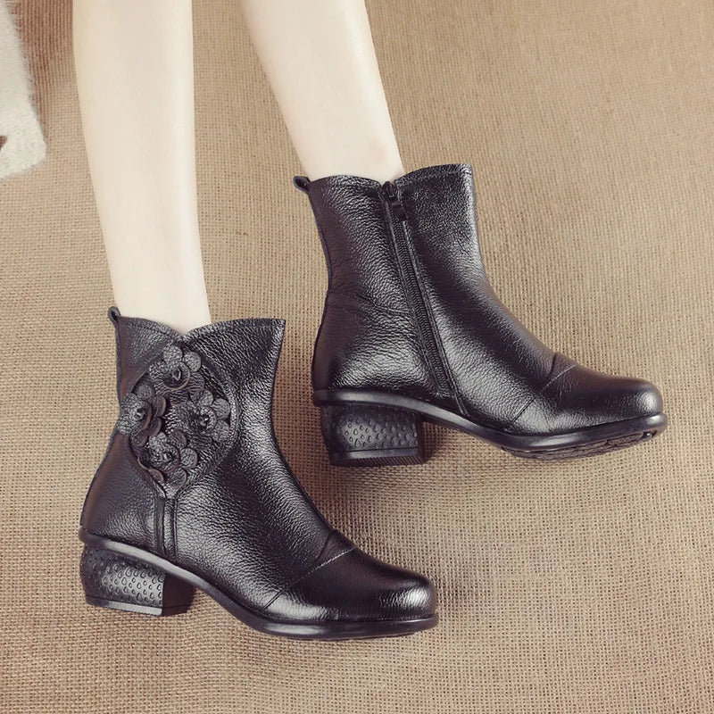Casual Pu Leather Shoes Ethnic Style Flower Ankle Boots Soft Sole