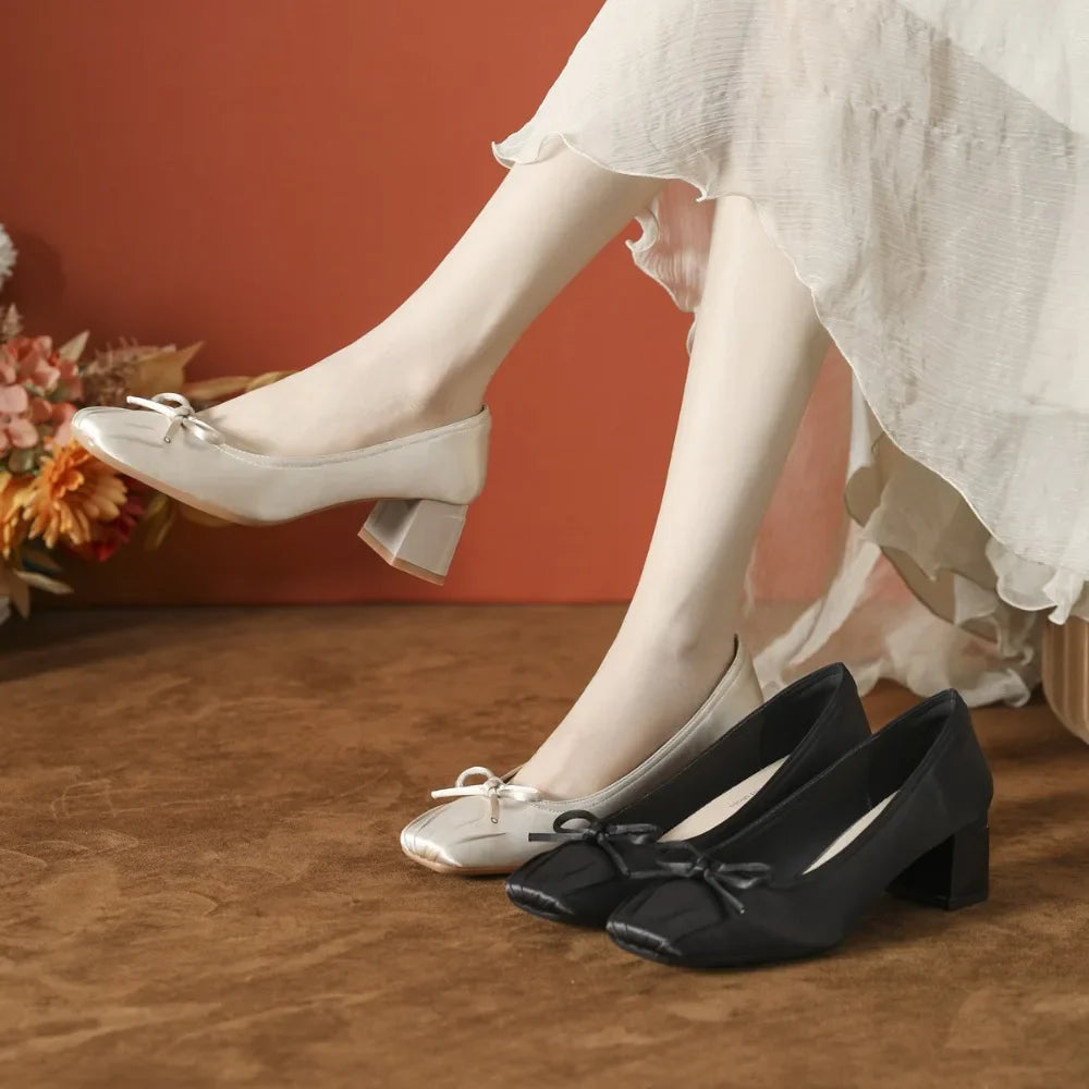 Pumps Butterfly Satin Ballet Shoes Square Head Shallow Mouth Pumps High Heels Thick Heel Not Tired Feet