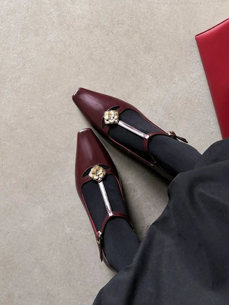 Retro Mary Jane Leather Buckle Thick Heel Square Toe Metal Flower Shoes 34-40