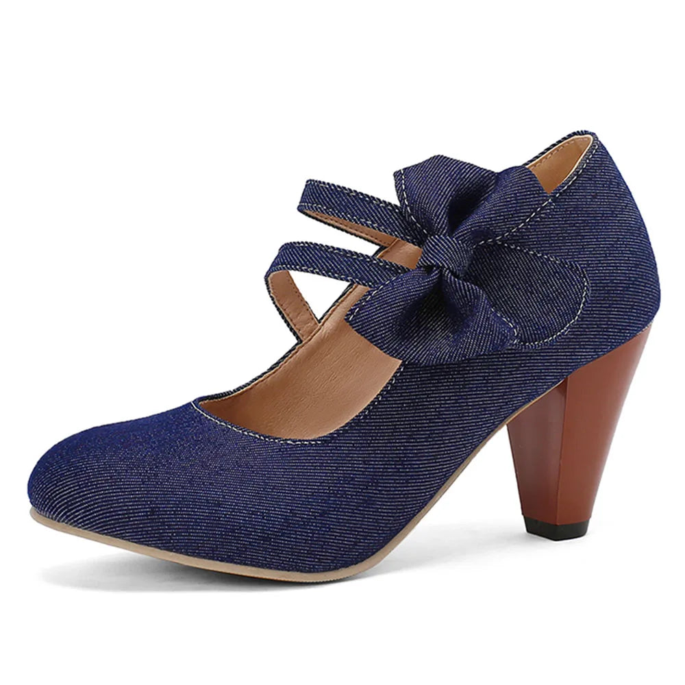 Plus Size 48 Brand Round Toe Chunky Heel Pumps Elegant Bow Buckle Solid Party Shoes