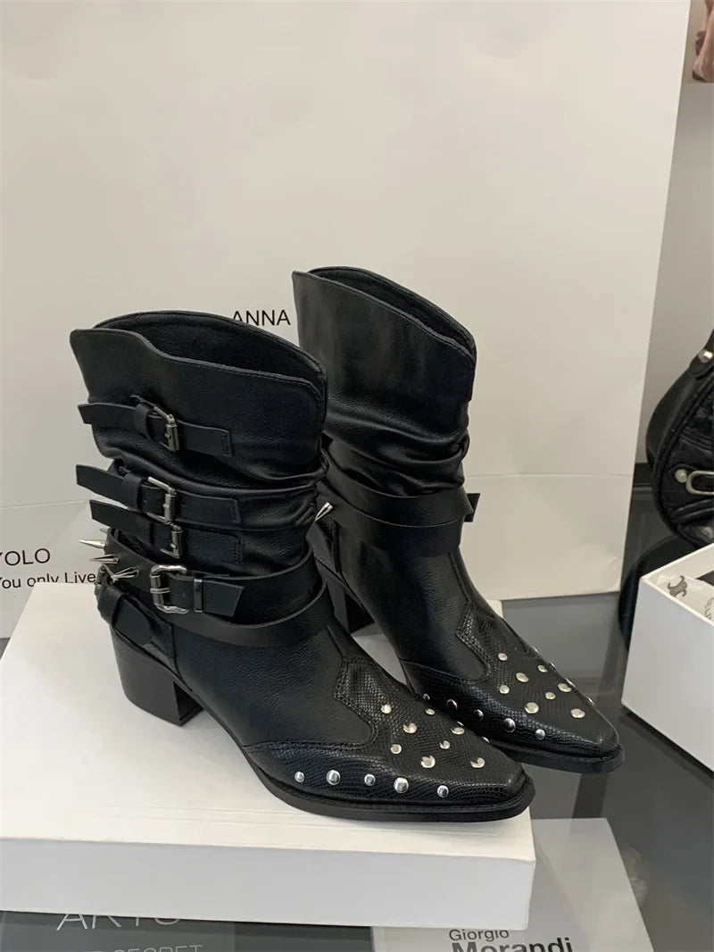 Black Gothic Shoes Platform Rivet Belt Buckle Chunky Heels Ankle Boots Punk Woman Cowboy Western Boots Arrival