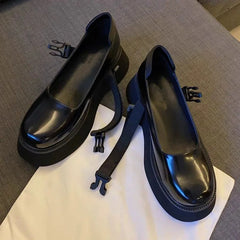 Retro Round Toe Block Heel Mary Jane Shoes Patent Leather Black Platform Pumps College Thick-Soled Japanese Style Loafers