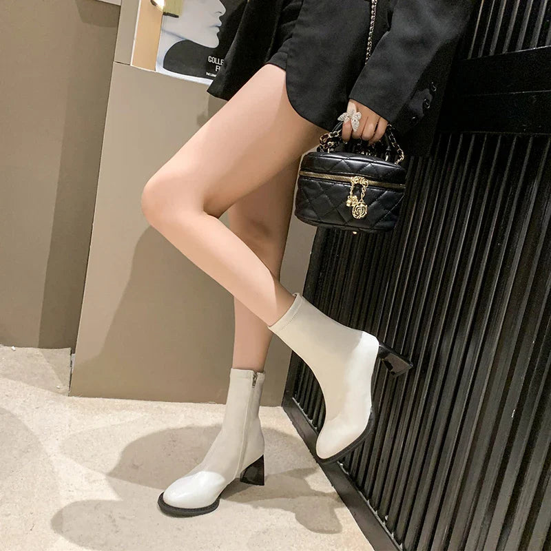 Elegant High Heels Shoes Chelsea Ankle Boots Chunky Square Toe Shoes Motorcycle Pumps Botas