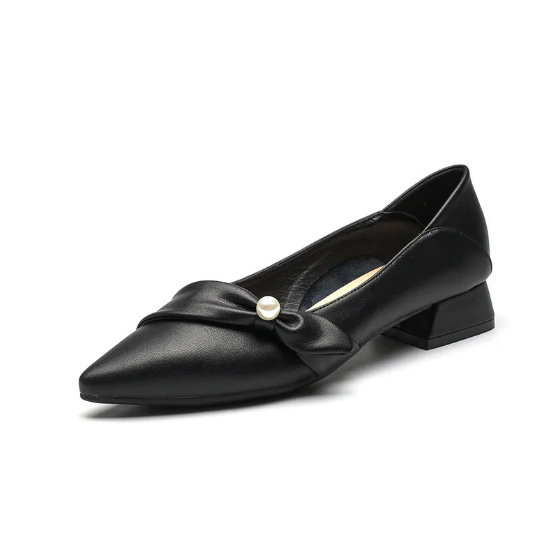 leather bow band flat shoes woman pointed toe pearl decoration slip on loafers two wears pleated ballet flats