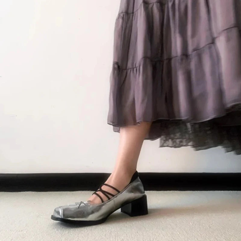 Genuine Leather Bow Decorated Flat Shoes with Cross Straps Thick Heels Mary Jane Shoes Shallow Mouth Comfortable Loafers