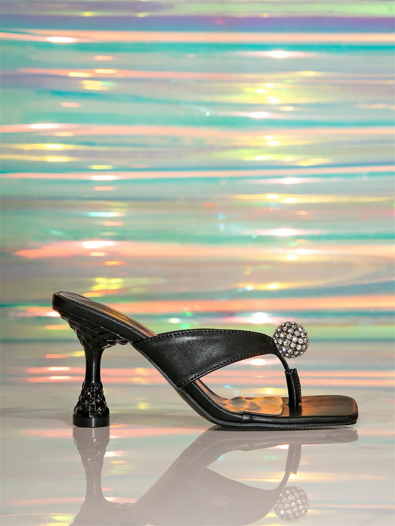 Cozy Black Leather Narrow Band Flip Flops 8.5CM Strange High Heels Slides Shoes Beach Party Slipper Sandalias