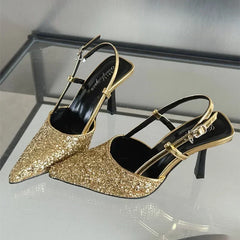 Bling Design Mules Sandals Pointed Toe Thin High Heels Back Strap Banquet Pums