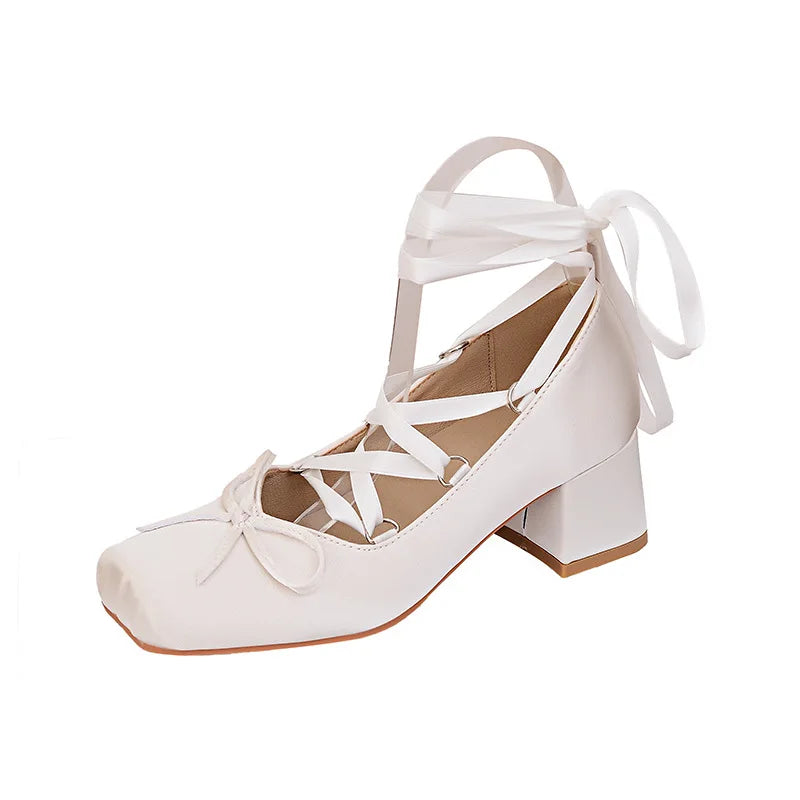 Coarse Heels Pink Cross Tie High Heels girl Ballet Shoes Elegant Silk Lolita Single Shoes