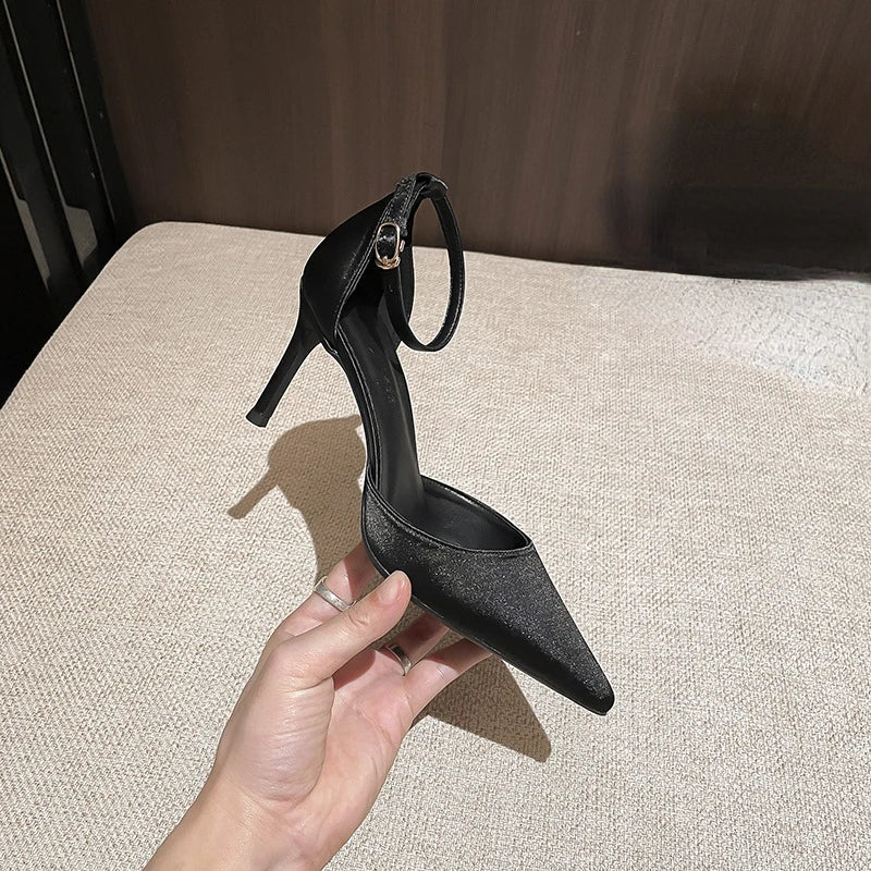 Satin Pointed Toe High-heeled Shoes All-match Stiletto Microfiber Exquisite One-line Sandals