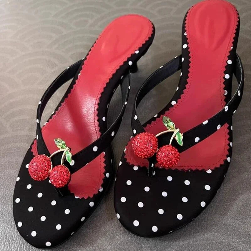 Bohemian Style Polka Dot Round Toe Thin Low Heels Slippers Mules Slides Shoes Crystal Rhinestone Sandals Flip Flops
