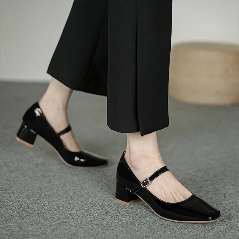 Buckle Mary Janes Shoes Patent Leather High Heels Pumps Retro Shoe Black Red