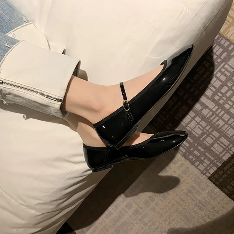 Shiny PU Leaather Flats Mary Janes Shoes Red Elegant Basic Pointed Toe Loafers Daily Casual Black Shoes
