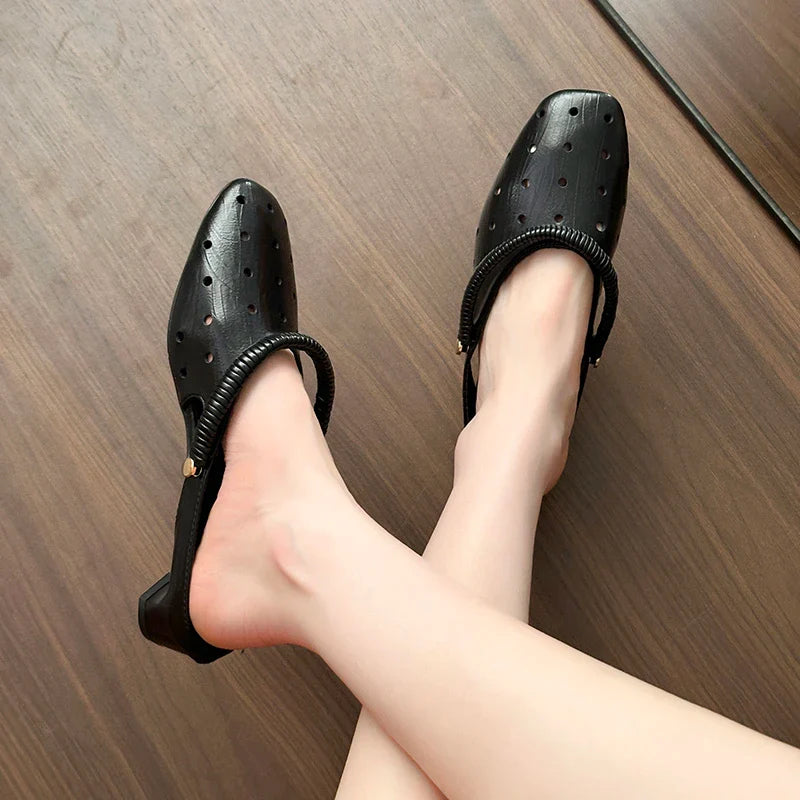 Hollow Sandals Heels Slippers Beach Mules Shoes Trend Chunky Leather Shoes Casual Flip Flops Mujer Slides
