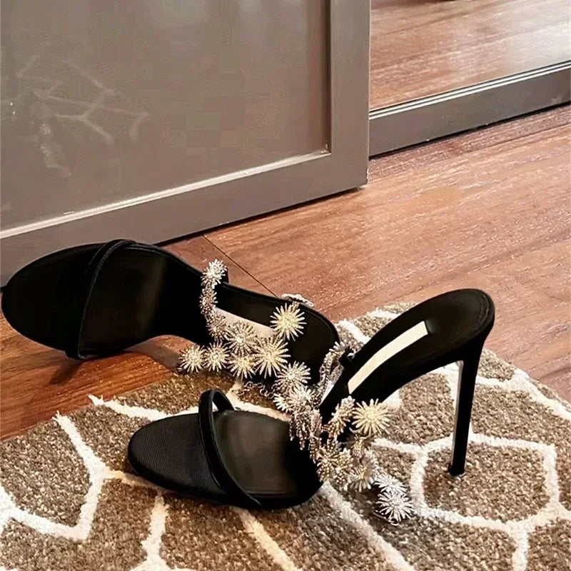 Rhinestone Thin High Heels Cross-tied Glittering Heeled Sandals Elegant Evening Party Shoes