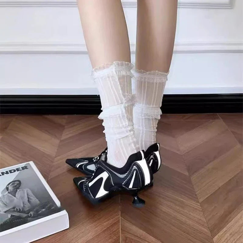 Low Heels Pointed Toe Shoes Lace Up Sports Style High Heels Colorblock Versatile Breathable Mesh Strappy Pumps