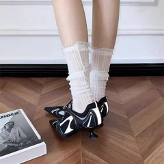 Low Heels Pointed Toe Shoes Lace Up Sports Style High Heels Colorblock Versatile Breathable Mesh Strappy Pumps
