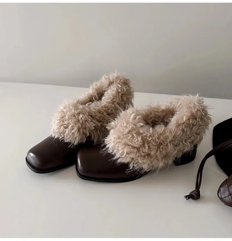 Ins style Square toe Patent Leather Wool Warm High heels Loafers Casual Girls Chunky Shoes