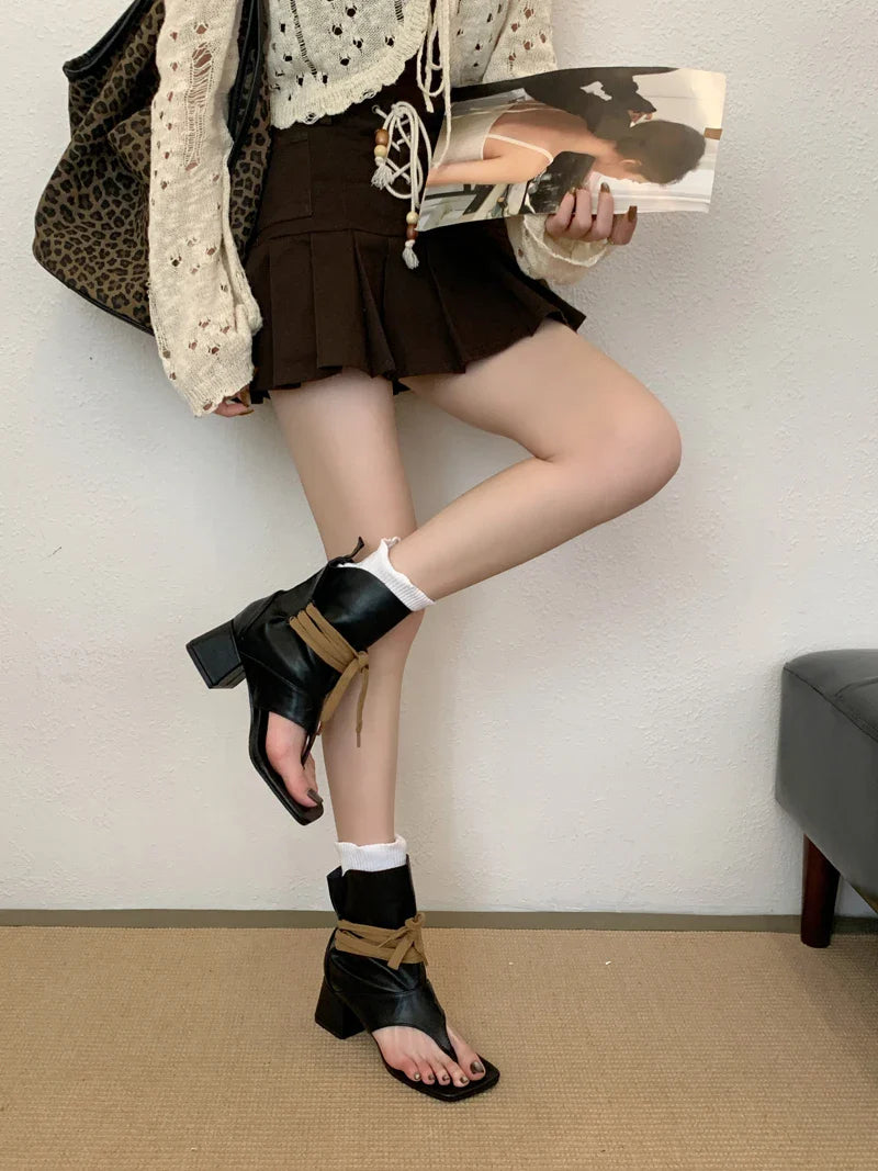 Woman Chunky Heels Boots Thong High-toe Shoes Lace Up High Heels Sandals Trends