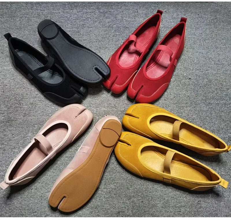 Split toe Faux suede Patchwork Tabi Ballet Flats Mary Janes Walking Loafers Casual Girls Dance Shoes